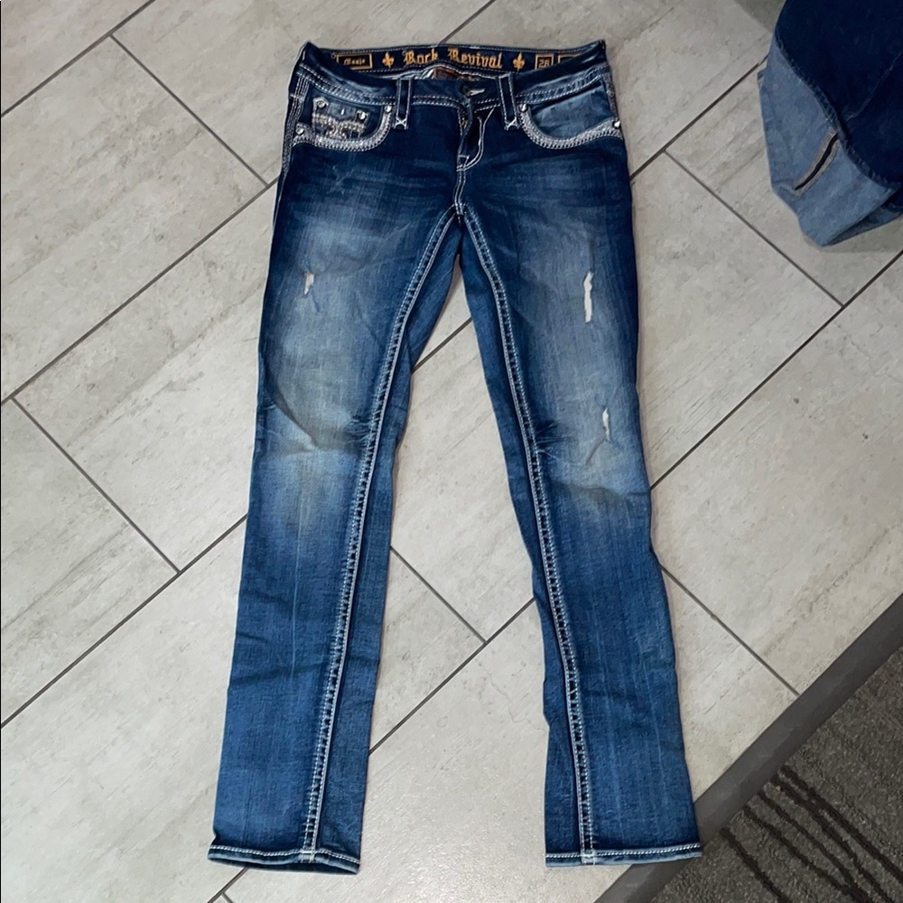 Rock Revival Blue Skinny Jeans with Vintage Distressing 26x33